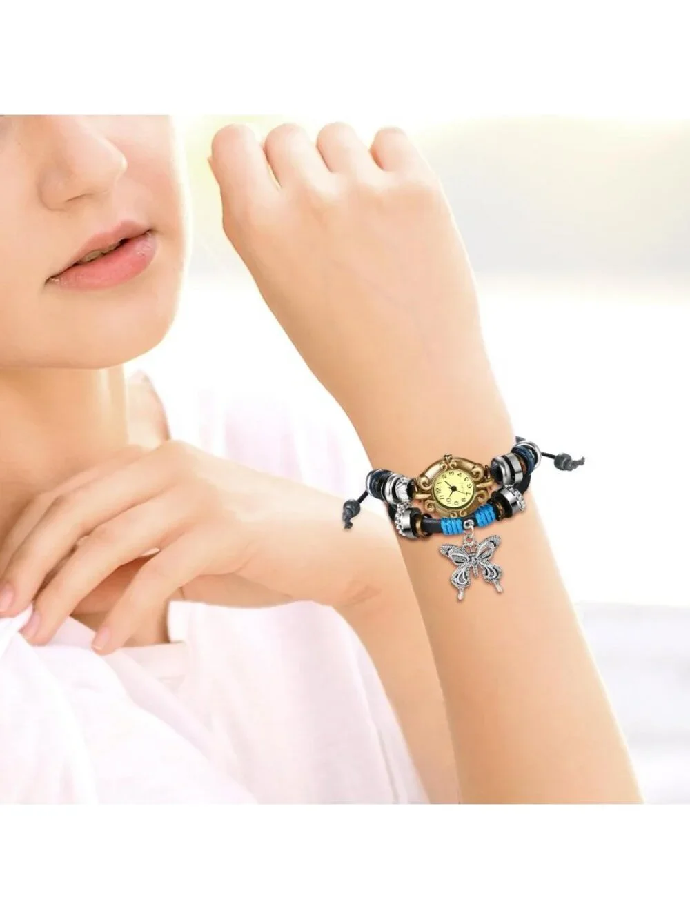 Women Black Blue Analog Butterfly Bracelet Weave Wrap Around Leather Wrist Watch
